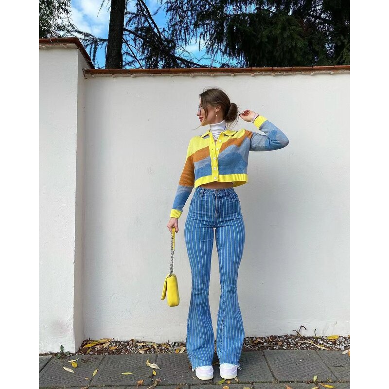 Denim Pants Manufacturer - 2025 Women Vintage High Waist Striped Skinny Stretch OEM ODM