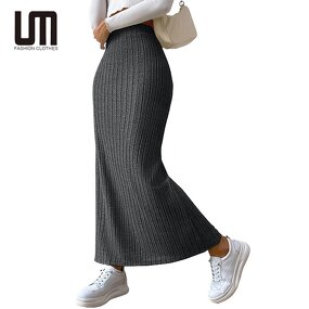 Knitted Maxi Skirt Manufacturer - Liu Ming Women Fall Winter High Waist Striped Slim Slit