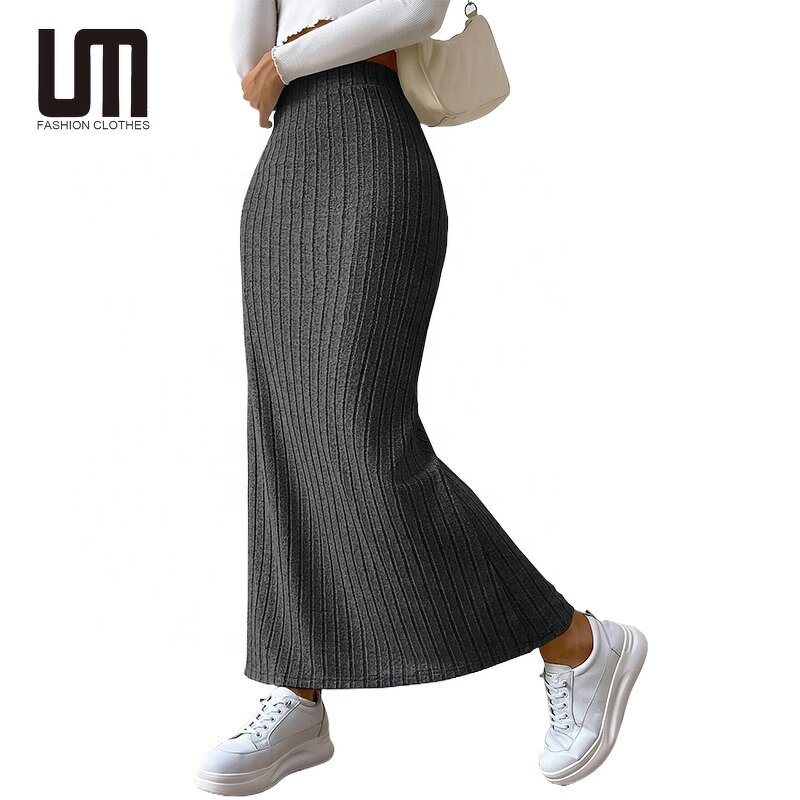 Knitted Maxi Skirt Manufacturer - Liu Ming Women Fall Winter High Waist Striped Slim Slit