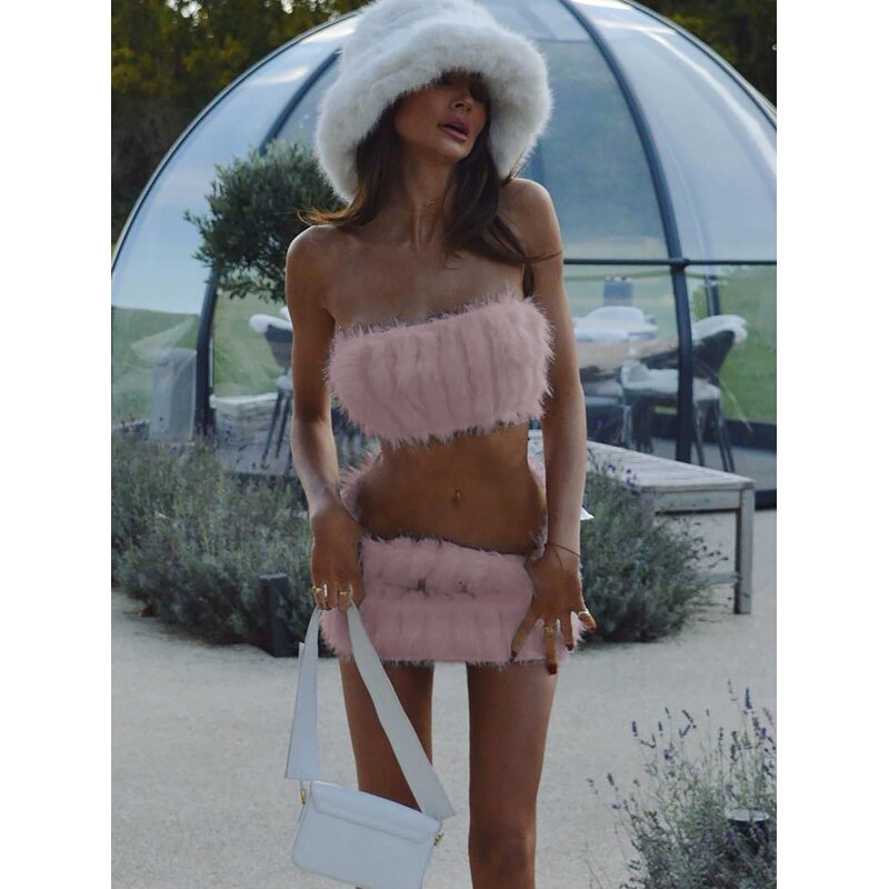 Women Two Piece Set Manufacturer - 2026 Faux Fur Strapless Crop Top & Bodycon Skirt
