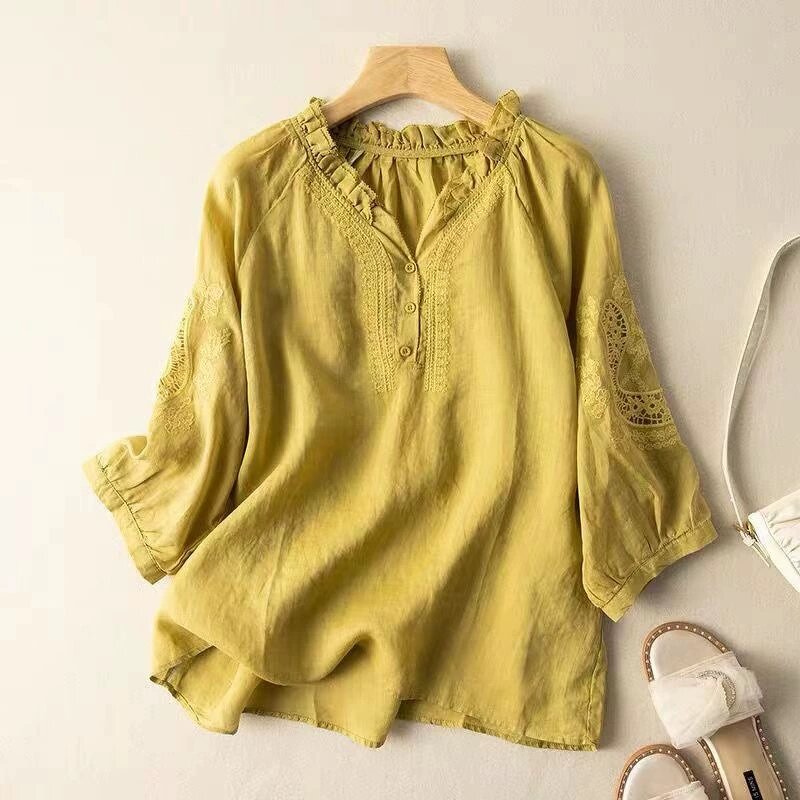 Retro V-Neck Shirt Manufacturer - Women Lightweight Breathable Summer Casual Office Daily
