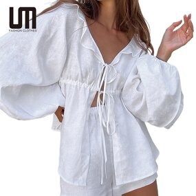 Women Two Piece Set Manufacturer - Liu Ming Summer Loose Cotton Linen Shirt + Elastic Shorts