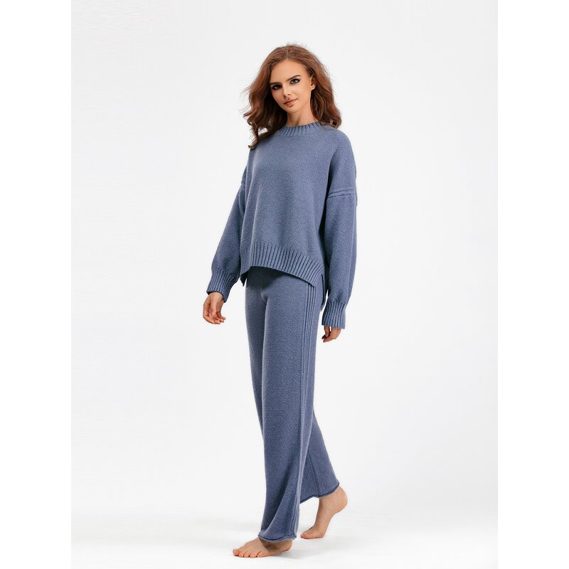 Women Two Piece Set Manufacturer - Liu Ming 2025 Autumn O Neck Sweater Pullover + Wide Leg Pants