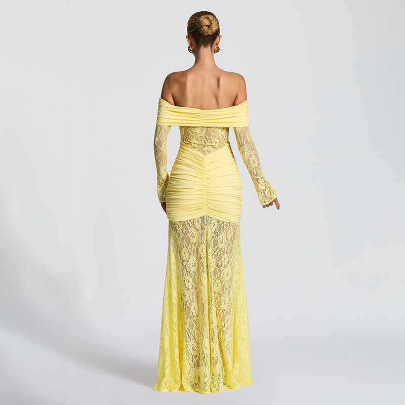 Pleated Skirt Dress Manufacturer - Women Chic One-Shoulder Autumn Lace Long Sleeve Casual