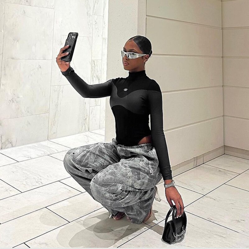 Bodysuit Jumpsuit Manufacturer - Liu Ming Custom Logo 2024 Women Black Turtleneck Faux Leather