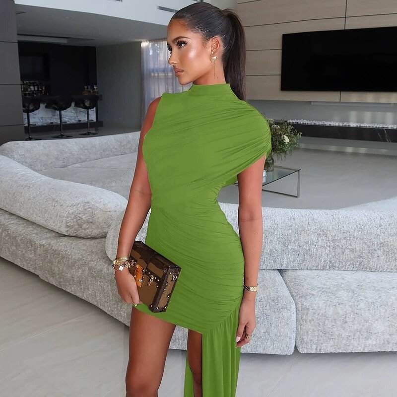 Mini Dress Manufacturer - 2026 Irregular Draped Ruched Turtleneck Sleeveless Club