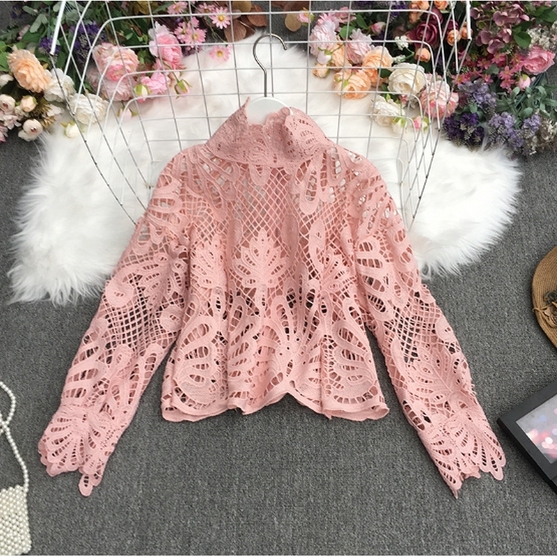 Lace Blouse Manufacturer - Liu Ming Women Elegant French Vintage Slim Lantern Sleeve Hollow