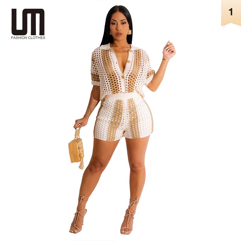 Women Two Piece Set Manufacturer - Liu Ming Summer Crochet Knitted Hollow Out Top + Shorts