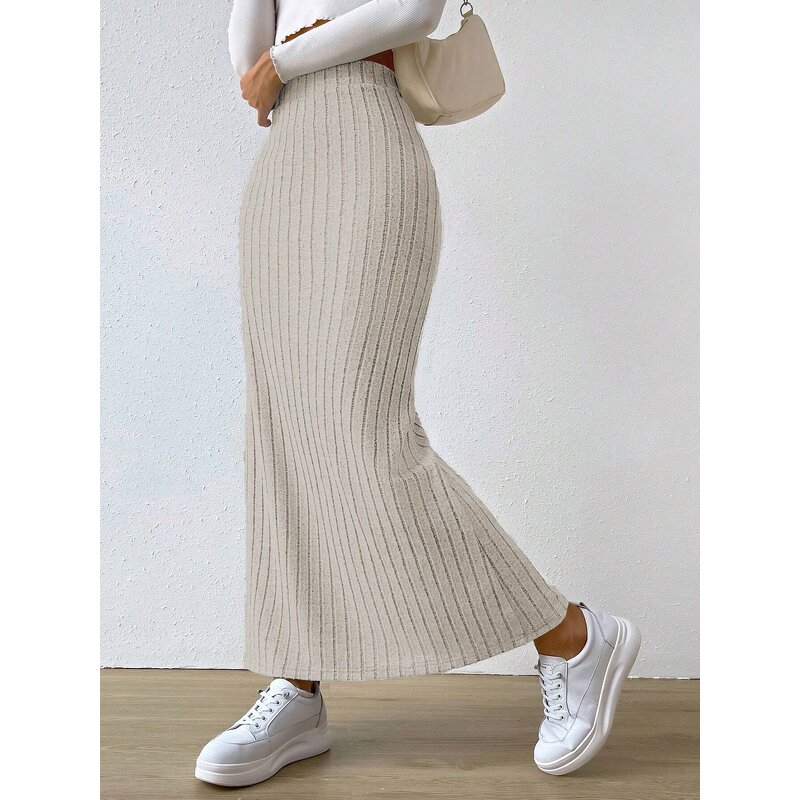 Knitted Maxi Skirt Manufacturer - Liu Ming Women Fall Winter High Waist Striped Slim Slit