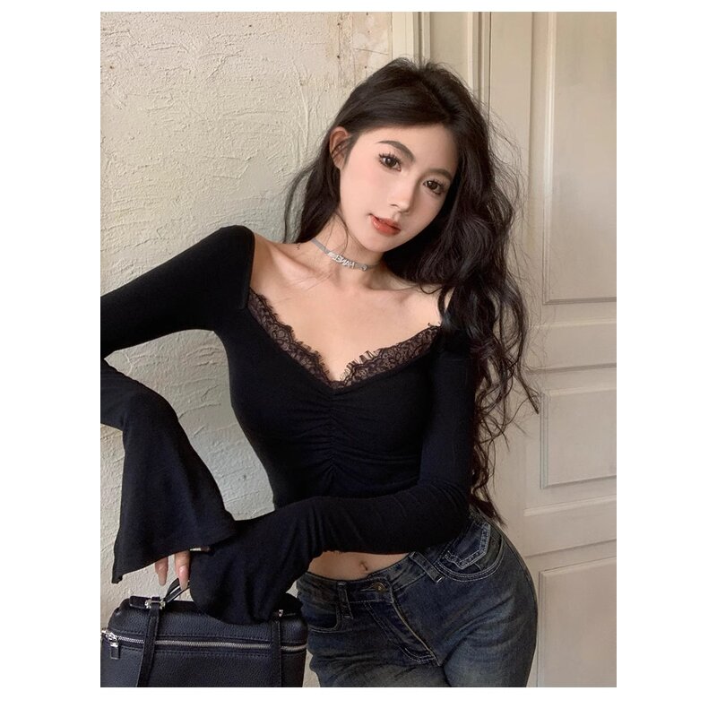 Lace T-Shirt Manufacturer - 2026 Korean Deep V-Neck Y2K Cropped Pleated Flared Sleeve