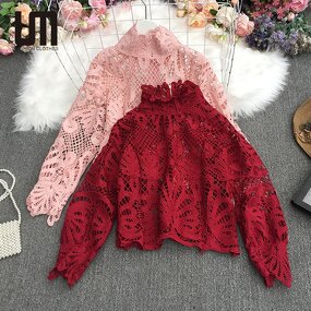 Lace Blouse Manufacturer - Liu Ming Women Elegant French Vintage Slim Lantern Sleeve Hollow