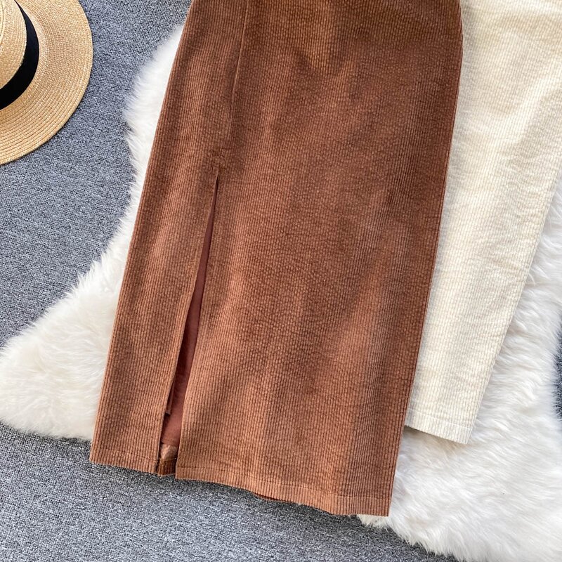 Corduroy Skirts Manufacturer - Liu Ming 2024 Vintage Women High Waist Belted A Line Long