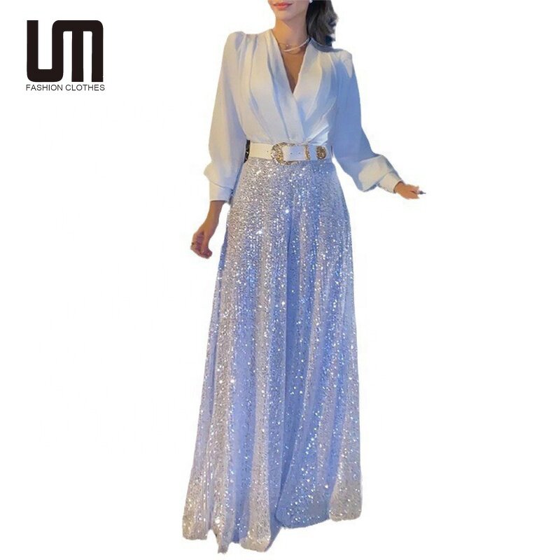 Evening Jumpsuit Manufacturer - Liu Ming Women Elegant Sequin Wide Leg Long Sleeve V Neck