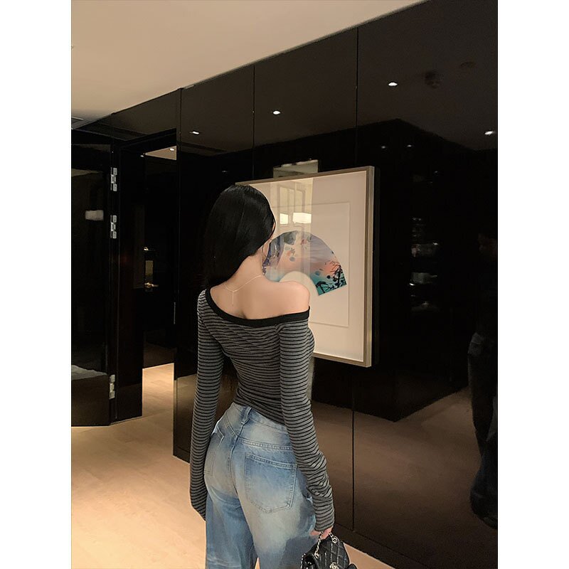 Long Sleeve T-Shirt Manufacturer - 2026 Vintage Striped One Shoulder Korean Casual