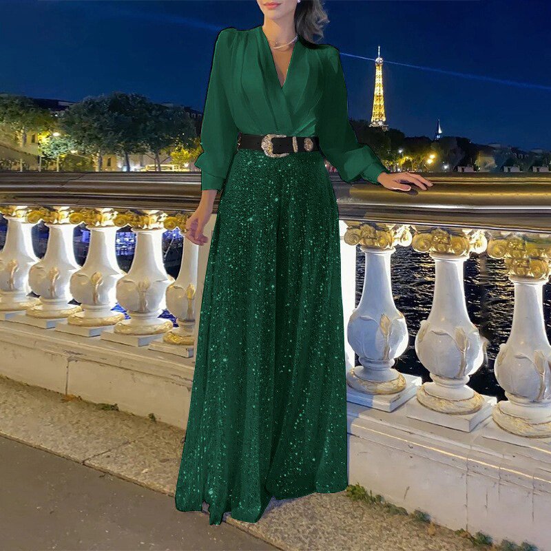 Evening Jumpsuit Manufacturer - Liu Ming Women Elegant Sequin Wide Leg Long Sleeve V Neck