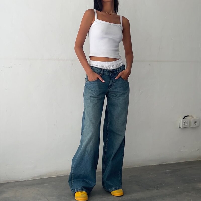 Denim Pants Manufacturer - 2025 Women Y2K Loose Straight Low Waist Button Pocket OEM ODM