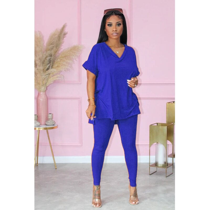 Women Two Piece Set Manufacturer - Liu Ming Custom Logo Printed V Neck T Shirt + Pants