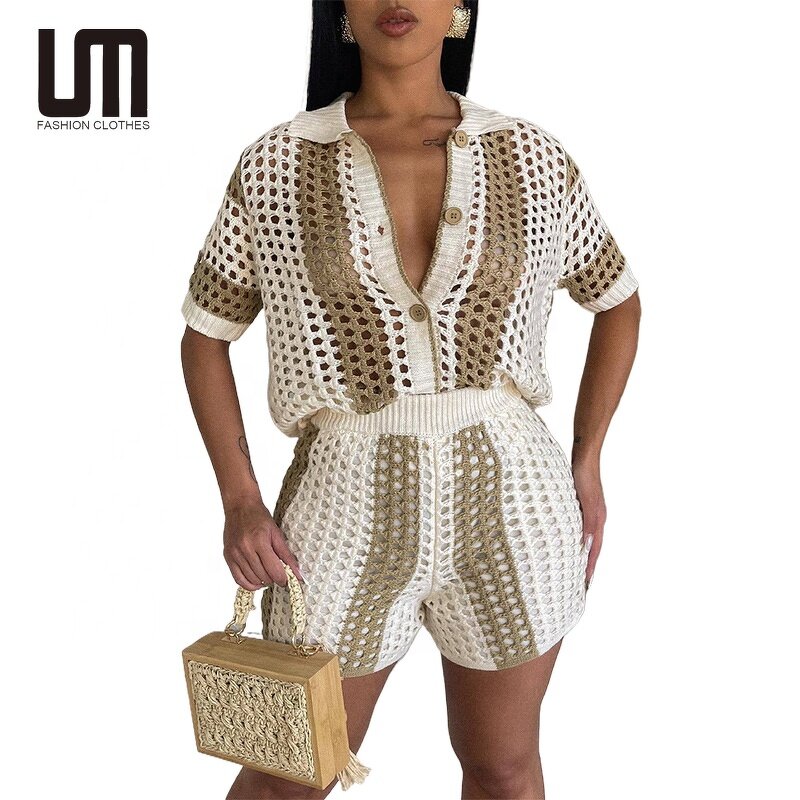Women Two Piece Set Manufacturer - Liu Ming Summer Crochet Knitted Hollow Out Top + Shorts