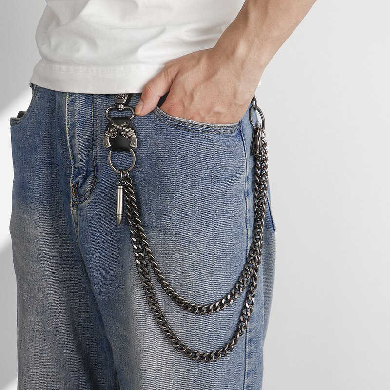 Waist Chain Manufacturer - Double Gun Bullet Metal Cow Leather Punk Cargo Pants