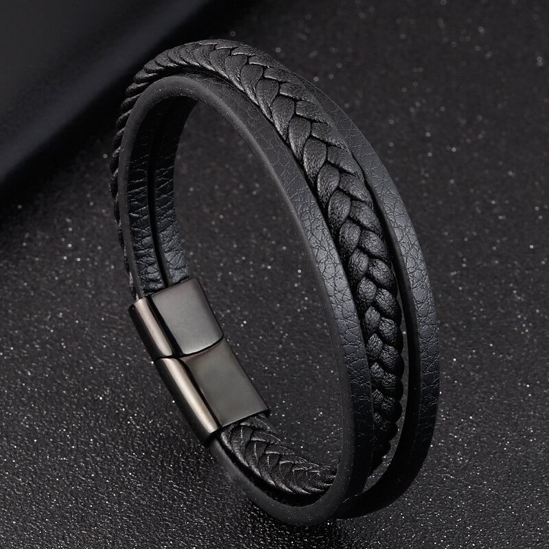 Bangle Bracelet Manufacturer - Stainless Steel Black Color Leather Mens Jewelry