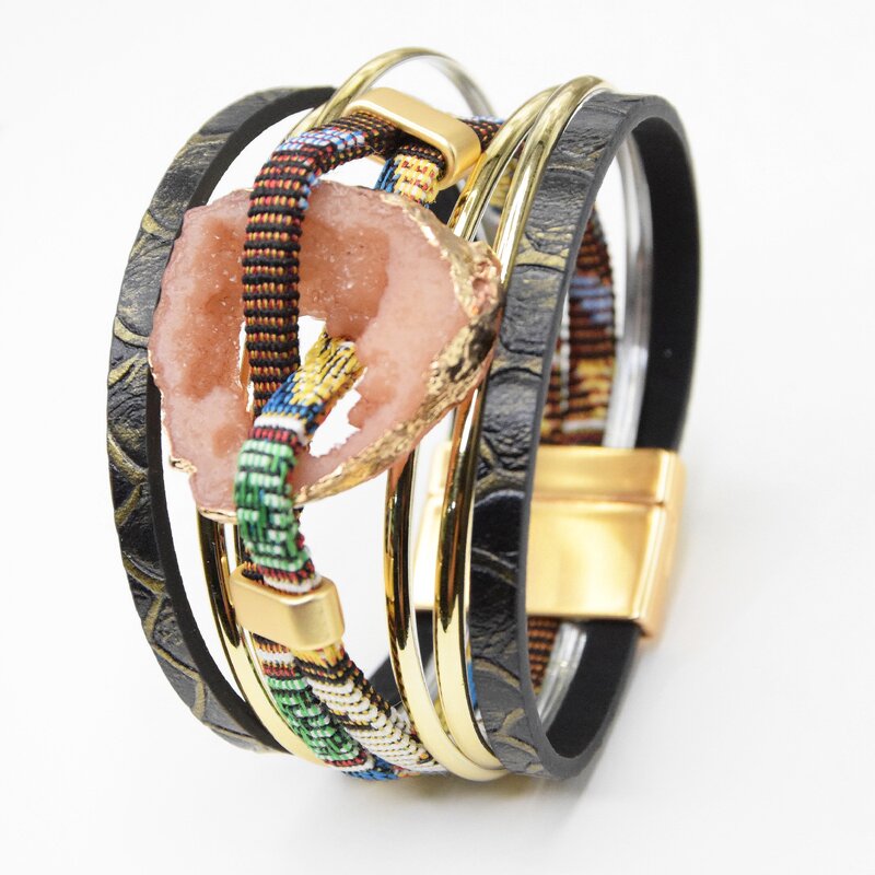 Leather Bracelet Manufacturer - 2025 Boho Multi-layer Stone Inlaid Magnetic Women