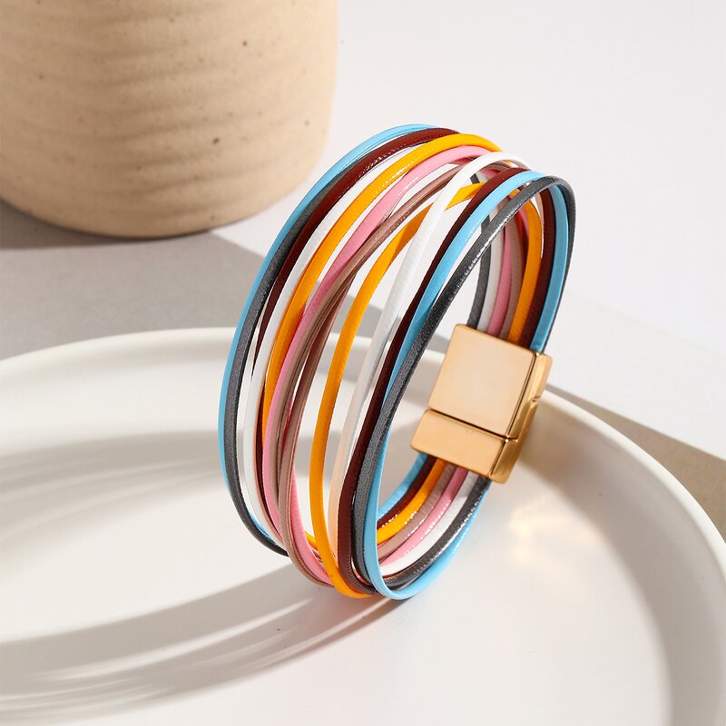 Wrap Bracelets Manufacturer - Bohemian Magnetic Claps Multi Layers Leather Women