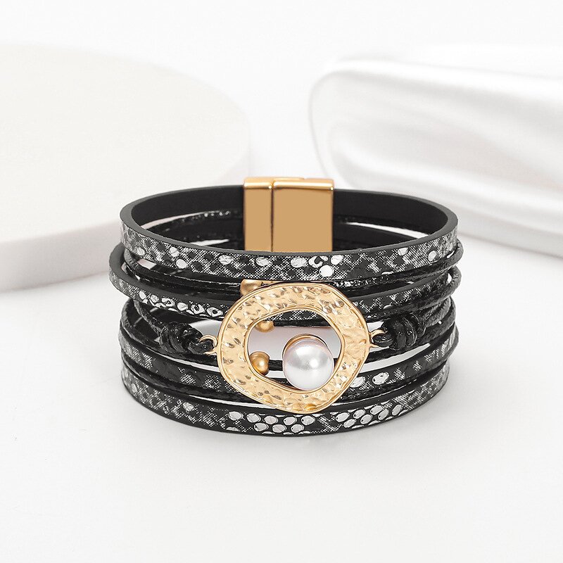 Rhinestone Bracelet Manufacturer - Hand-woven Leather Cord Magnet Clasp Women