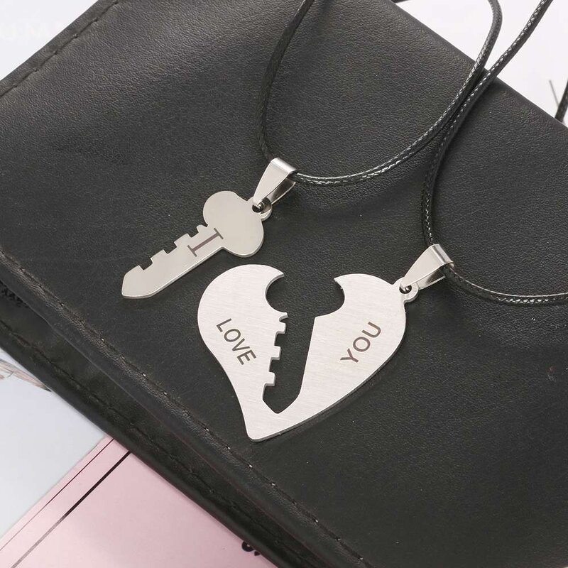 Couple Necklace Manufacturer - Silver I Love You Heart Lock Key Stainless Steel