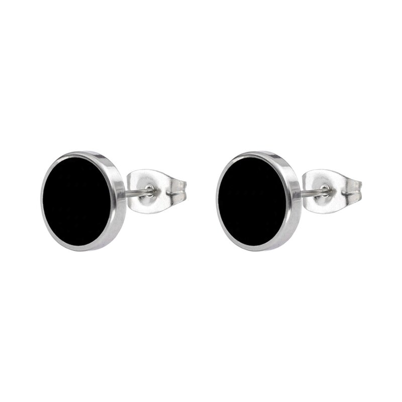 Stud Earrings Manufacturer - Stainless Steel Black Round Inlay Mens 2 Pcs