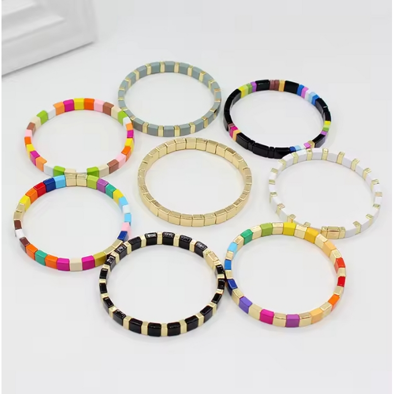 Elastic Bracelet Manufacturer - Square Rainbow Enamel Alloy Bohemian DIY