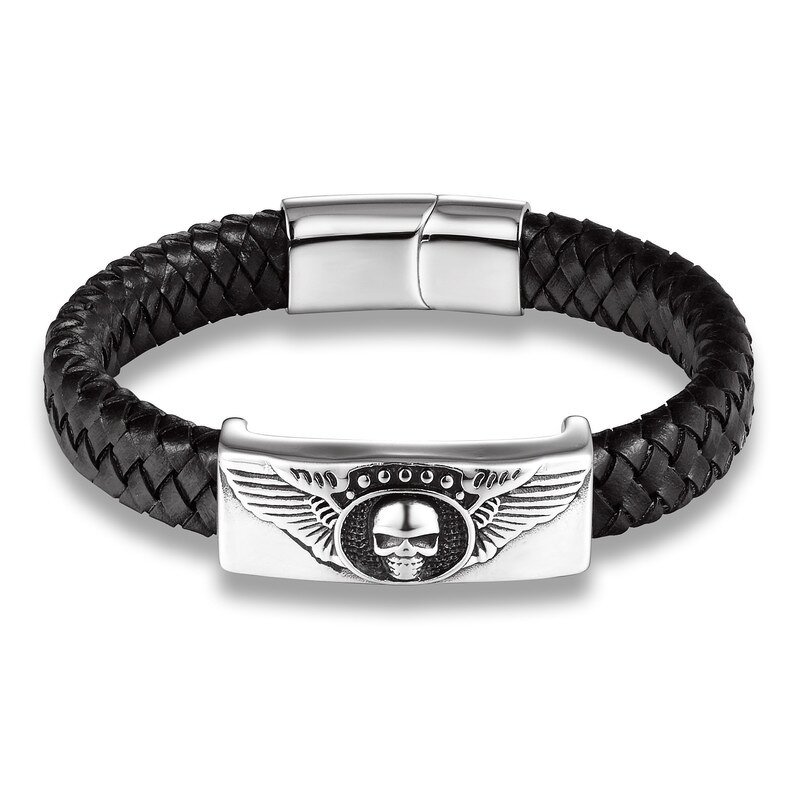 Leather Bracelet Manufacturer - Punk Braided Skull Titanium Steel Mens Wholesale