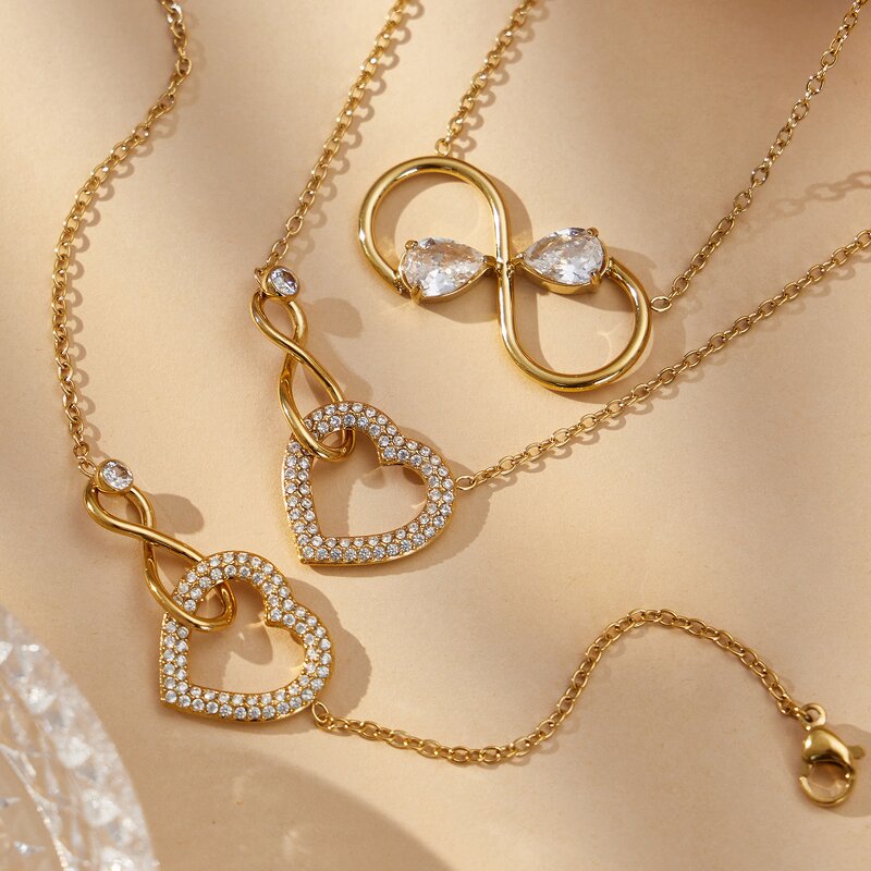 Necklace Set Manufacturer - Korean 8 Shaped Infinity Zircon Heart 18K Gold Plated