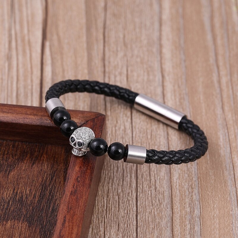 Leather Bracelet Manufacturer - Ghost Head Zircon Glass Stone Unisex Stainless Steel