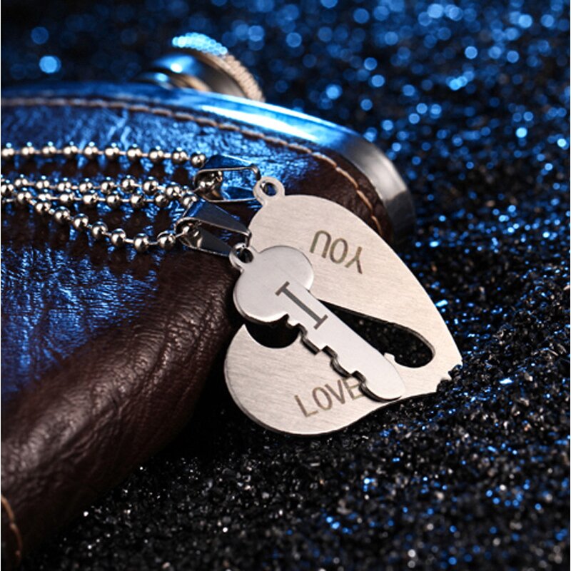 Couple Necklace Manufacturer - Silver I Love You Heart Lock Key Stainless Steel