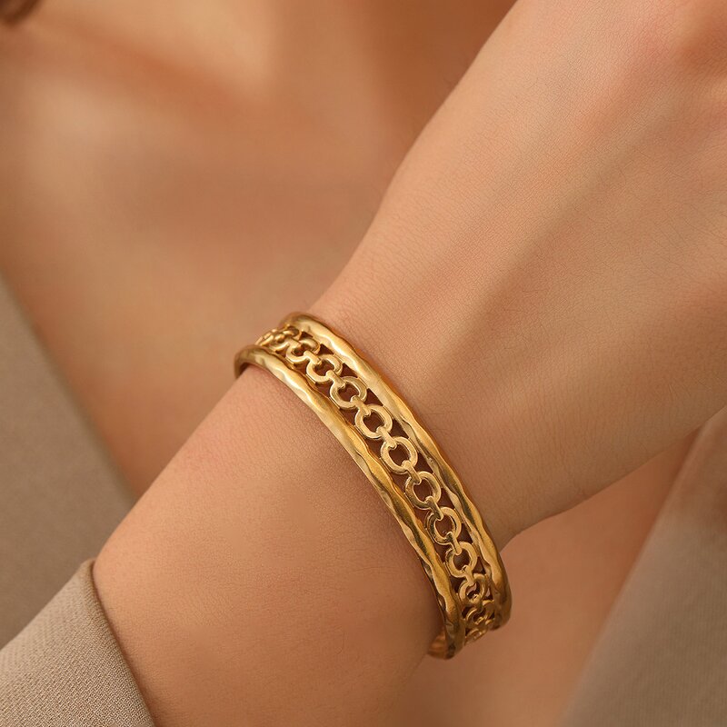 Bangle Bracelet Manufacturer - Gold Plated Stainless Steel Punk Hollow Waterproof