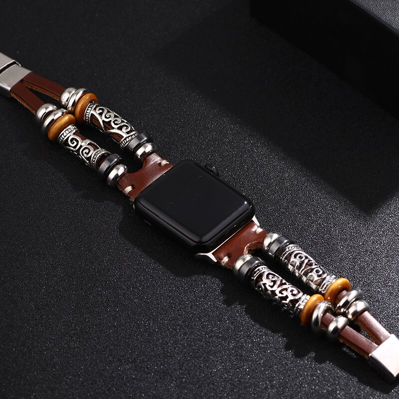 Watch Band Manufacturer - Luxury Stainless Steel Wooden Bead Leather Smart Watch
