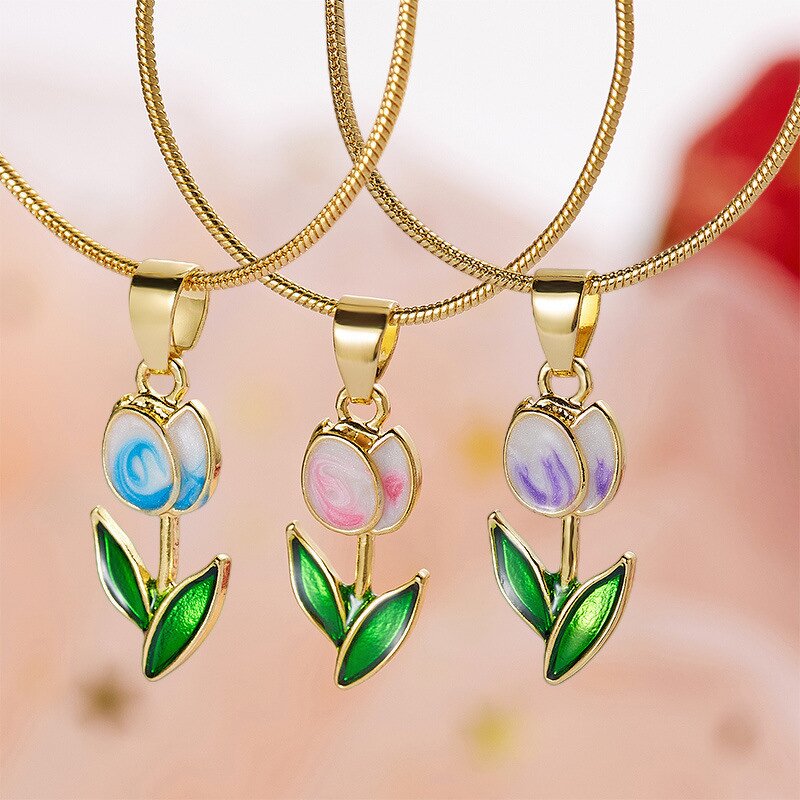 Pendant Necklace Manufacturer - Romantic Flower Gold Plated Yellow Diamond Tulip Girls