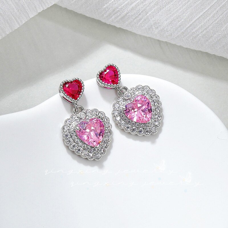 Stud Earrings Manufacturer - Heart Cut White Pink Crystal Micro Pave Wedding Gift