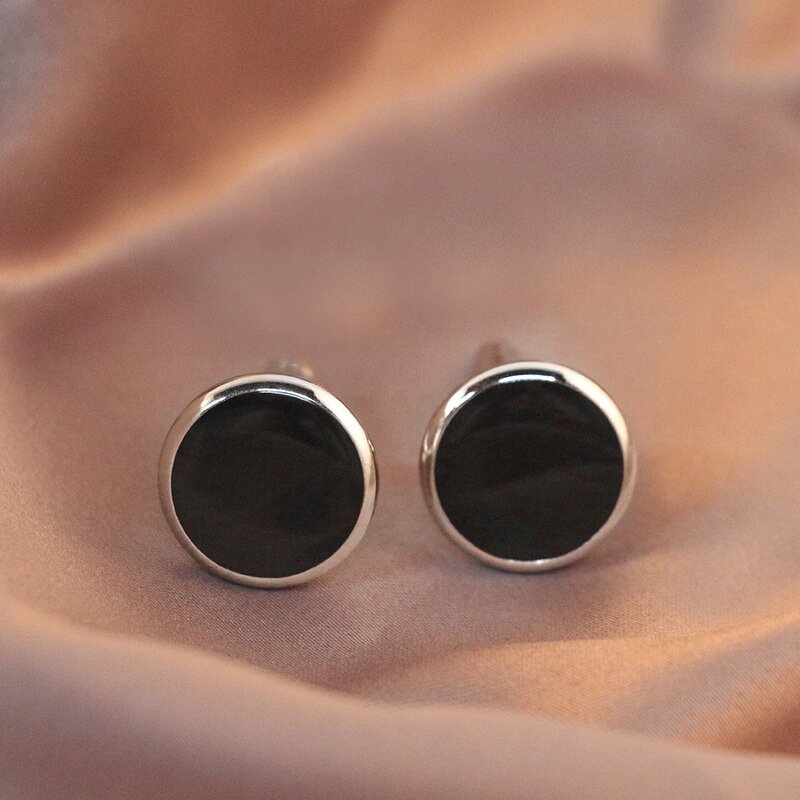 Stud Earrings Manufacturer - Stainless Steel Black Round Inlay Mens 2 Pcs