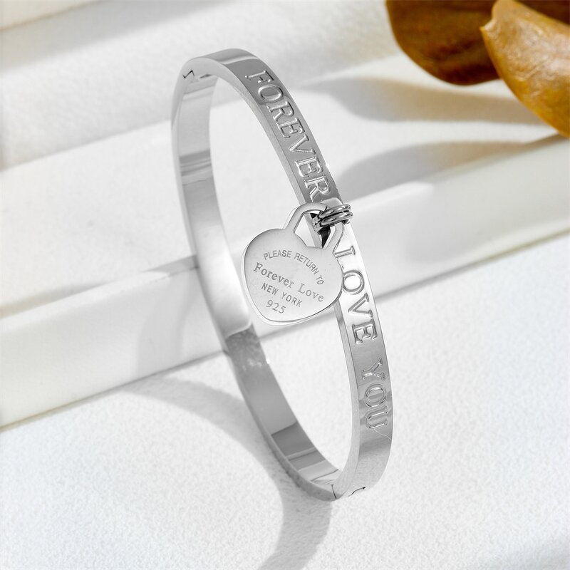 Bangle Bracelet Manufacturer - Stainless Steel Hearts Forever Love You Vintage Silver