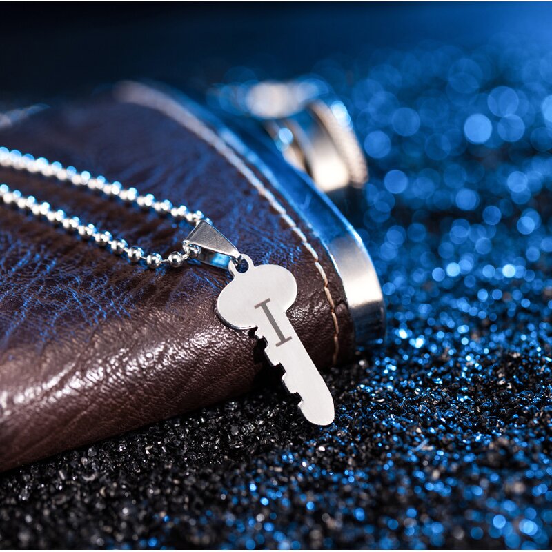 Couple Necklace Manufacturer - Silver I Love You Heart Lock Key Stainless Steel