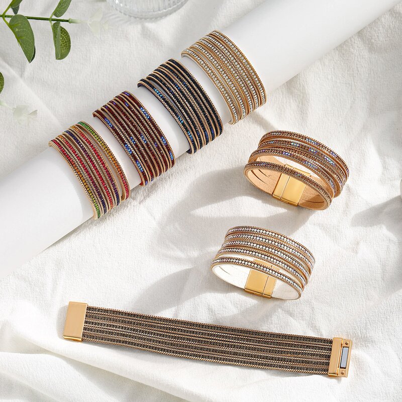 Leather Bracelet Manufacturer - Wide Diamond Magnetic Clasp Exaggerated Fashion