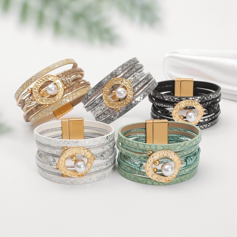Rhinestone Bracelet Manufacturer - Hand-woven Leather Cord Magnet Clasp Women