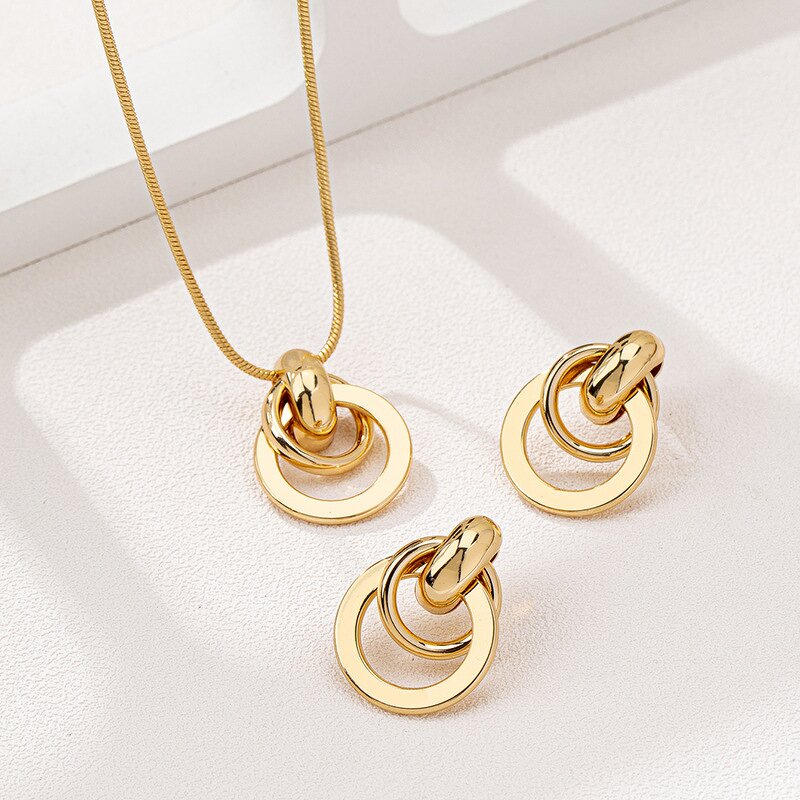 Jewelry Set Manufacturer - Vintage Gold Geometric Circle Necklace Earrings Daily