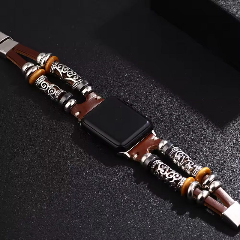 Watch Band Manufacturer - Stainless Steel Wooden Bead Leather Strap Smart Watch