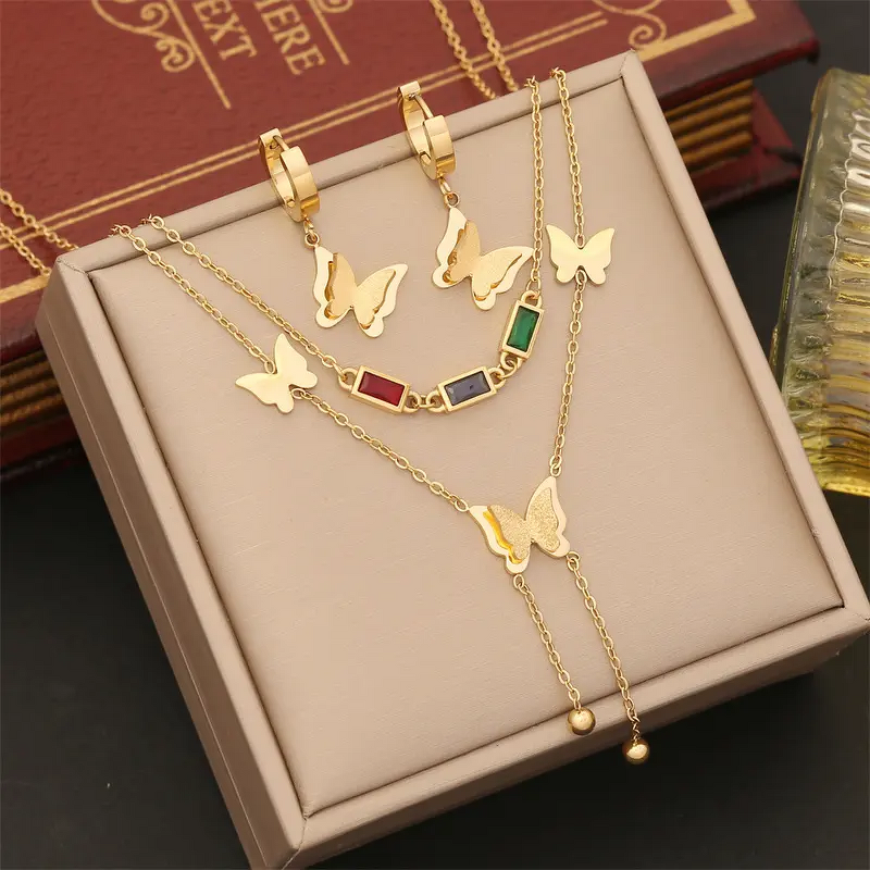 Jewelry Set Manufacturer - 3pcs Zircon Butterfly Necklace Bracelet Hoop Earrings Women
