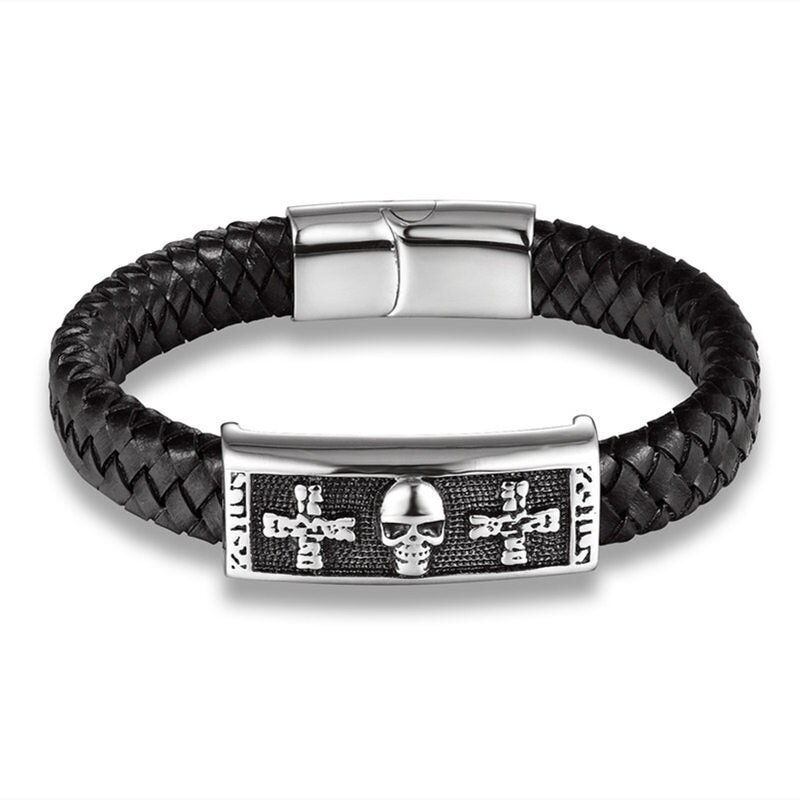 Leather Bracelet Manufacturer - Punk Braided Skull Titanium Steel Mens Wholesale