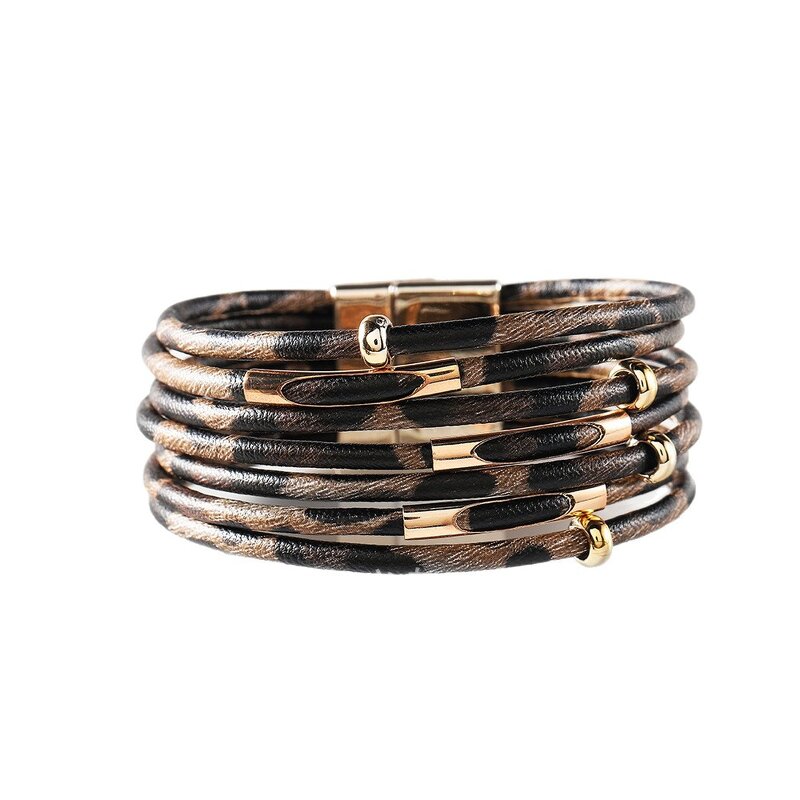 Leather Bracelet Manufacturer - Leopard Print Multi Layer Wrap Magnet Beaded
