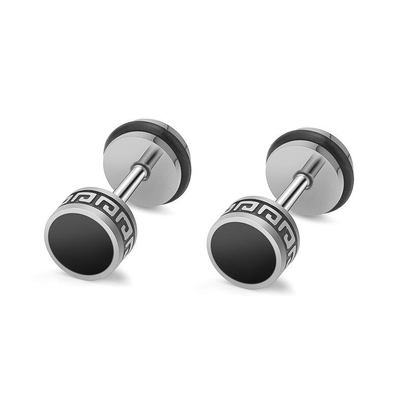 Stud Earrings Manufacturer - Black Vintage Round Barbell Stainless Steel 2 Pcs