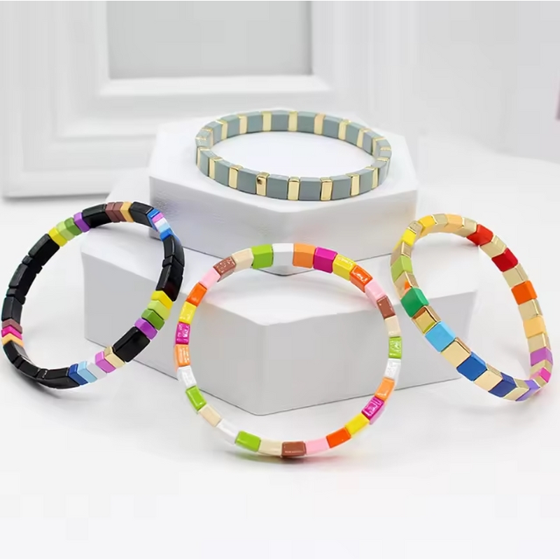 Elastic Bracelet Manufacturer - Square Rainbow Enamel Alloy Bohemian DIY